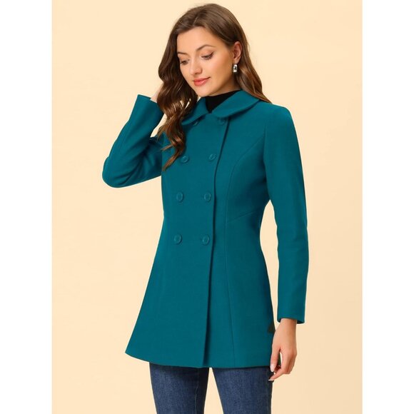 Women's  Lake Blue Medium Winter Peter Pan Collar Double Breasted Long Pea Coat - Picture 3 of 5